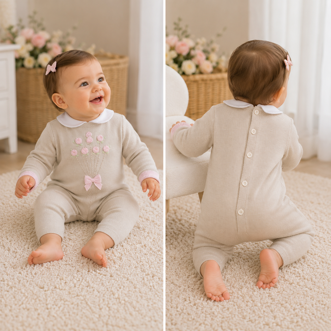 Tutina neonata in filo di cotone tortora con fiorellini rosa pastello