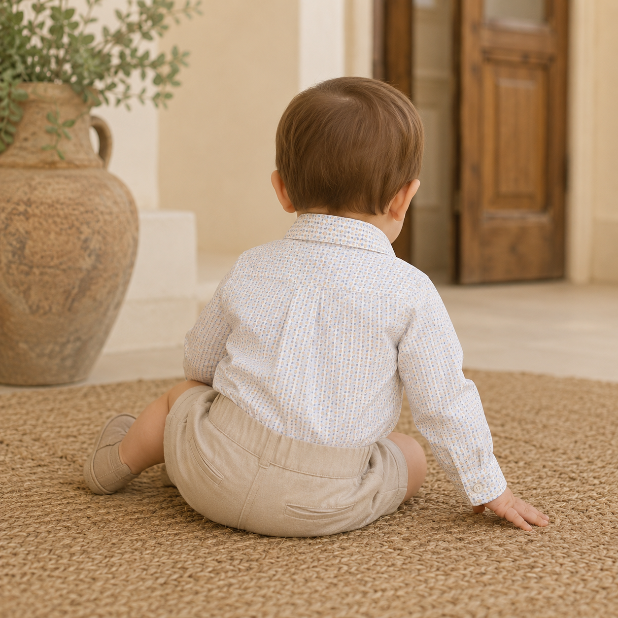 Baby bodysuit shirt with beige and light blue micro pattern