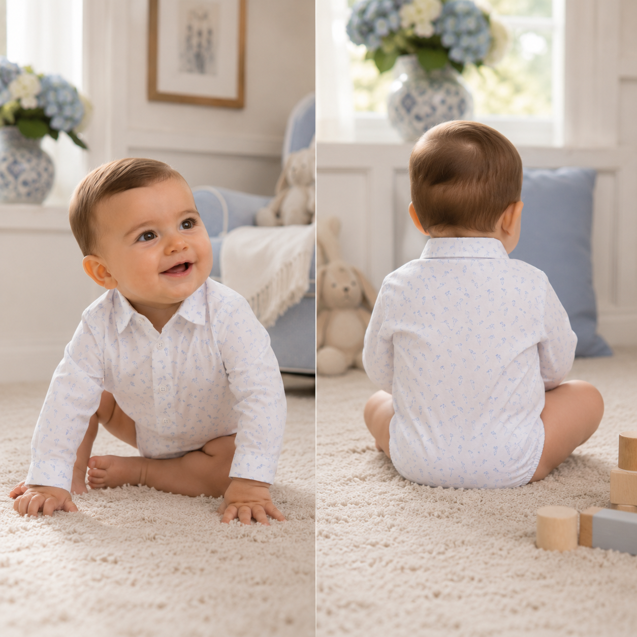 Camicia body neonato fondo bianco con micro fantasia azzurra