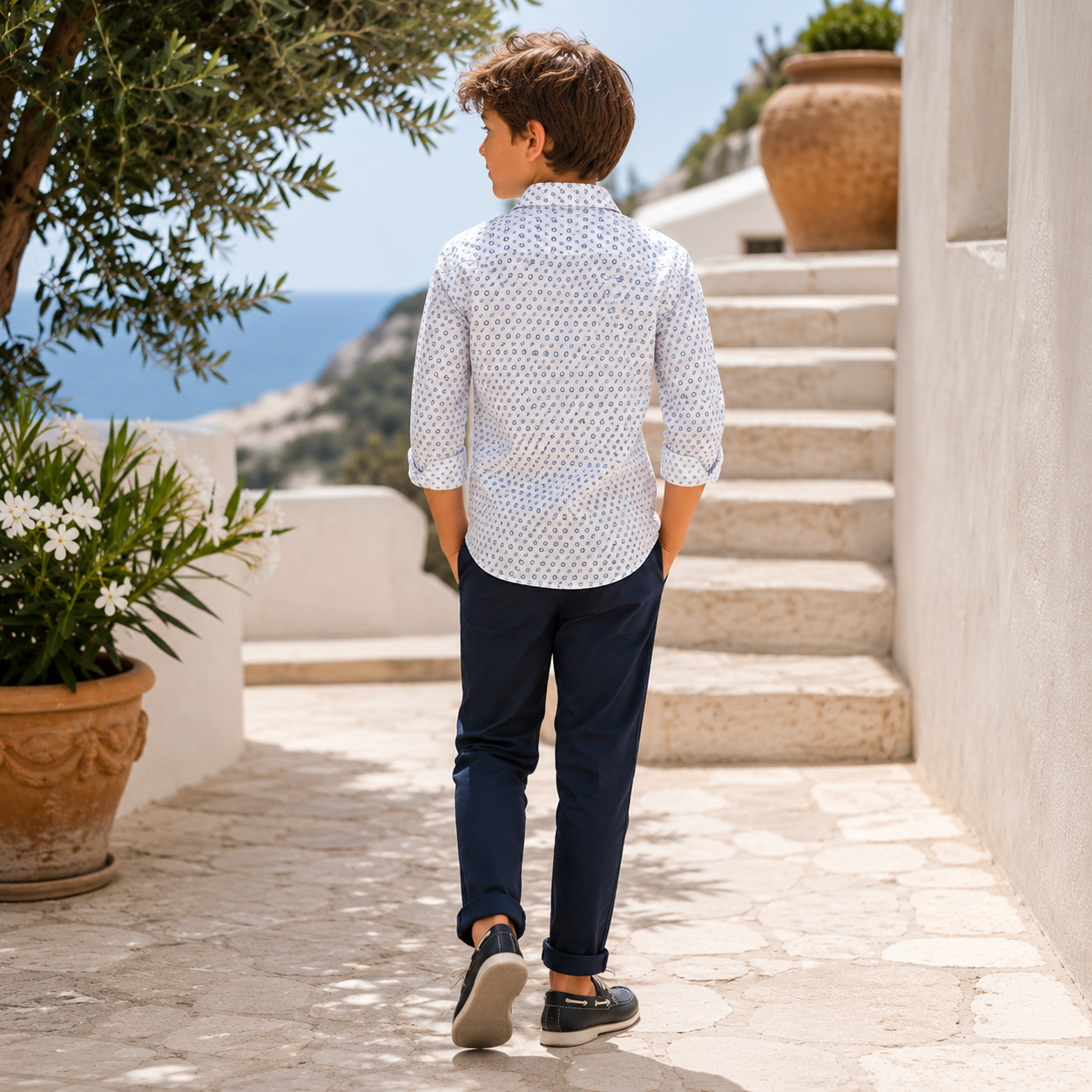 Camicia bambino in lino blend micro floreale bianco e blu