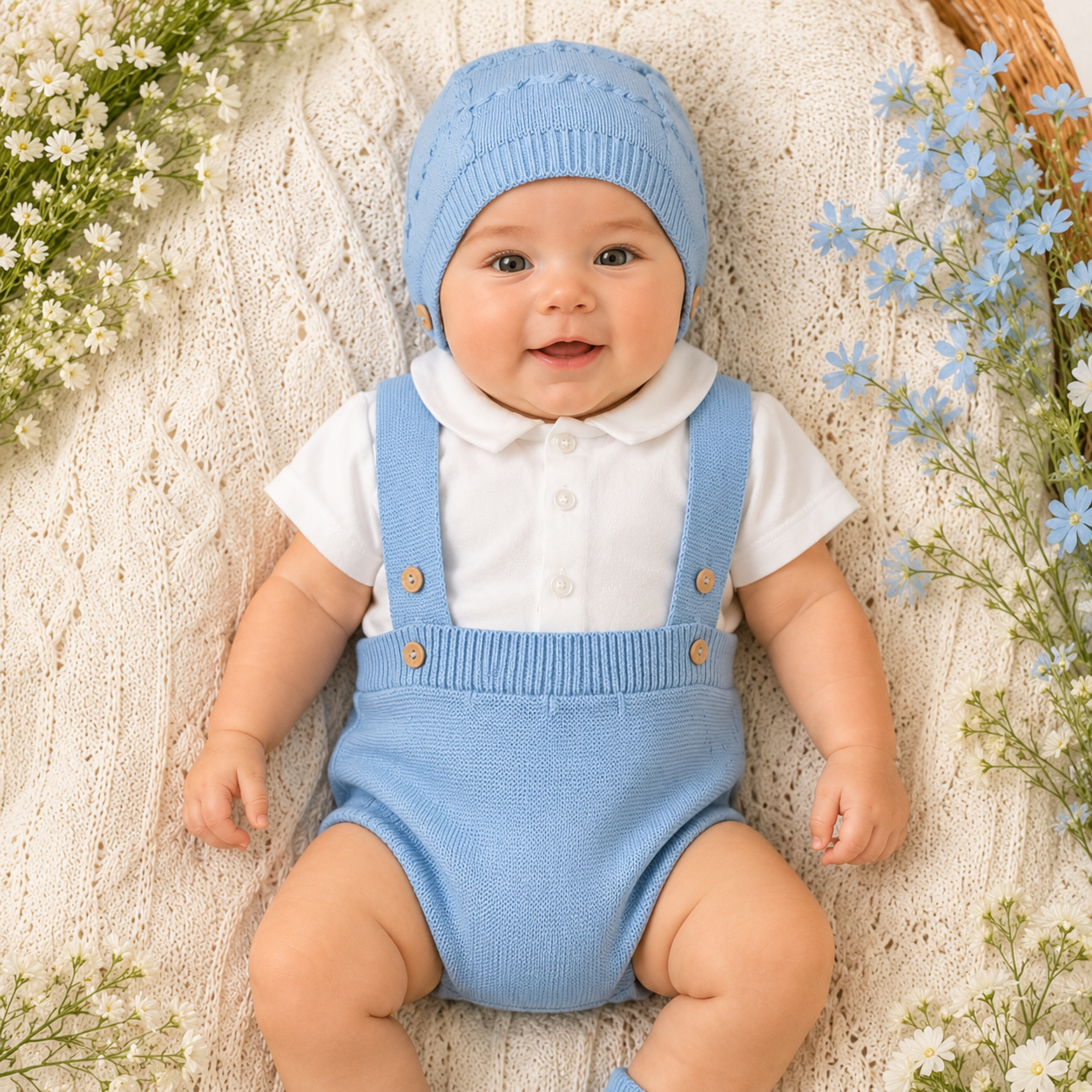 Set 4 pezzi neonato azzurro con pagliaccetto, camicia, cappellino e babbucce