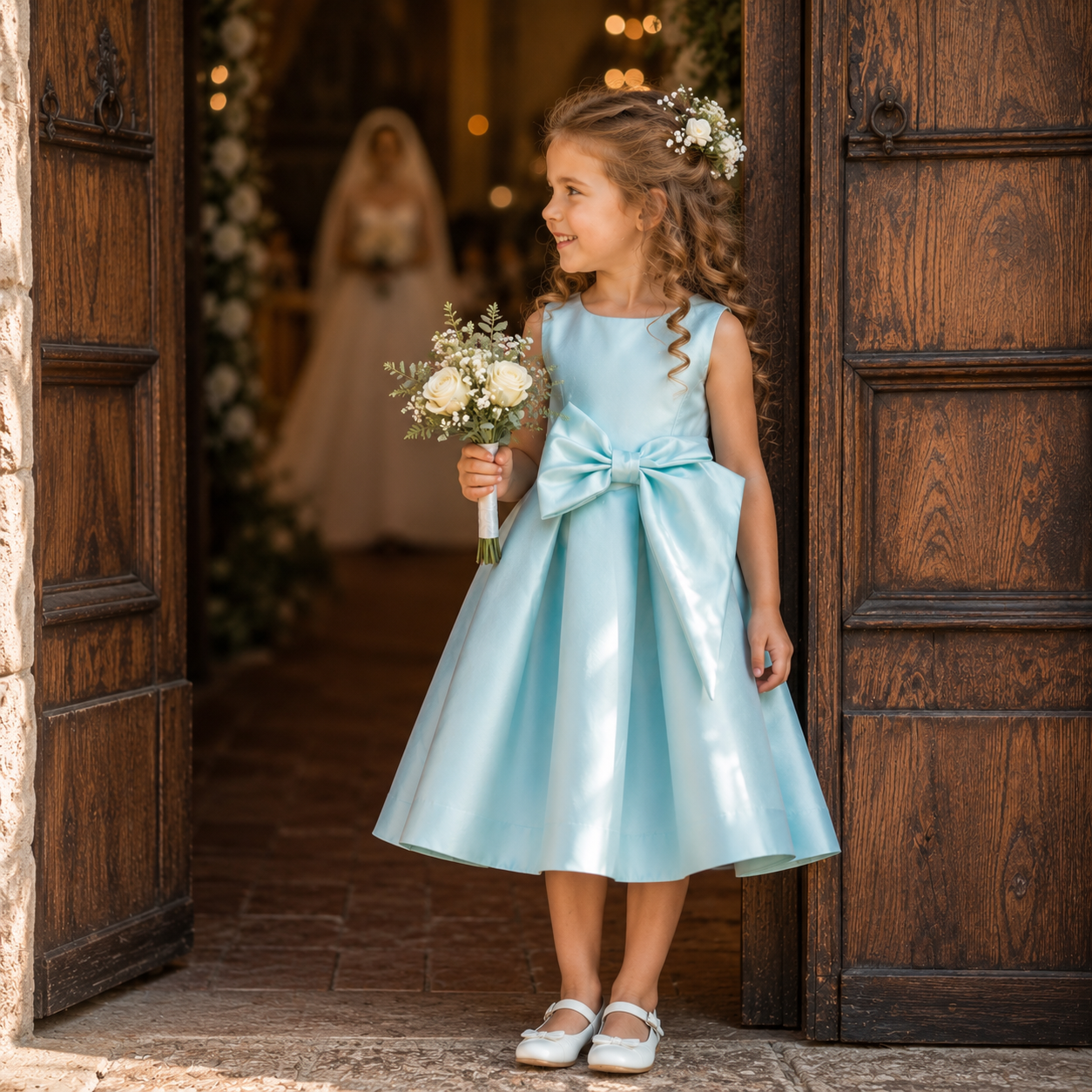 Abito cerimonia bambina con fiocco verde acqua