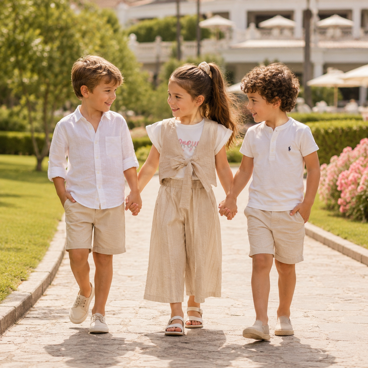 Completo bambina 3 pezzi con pantalone sabbia e bianco