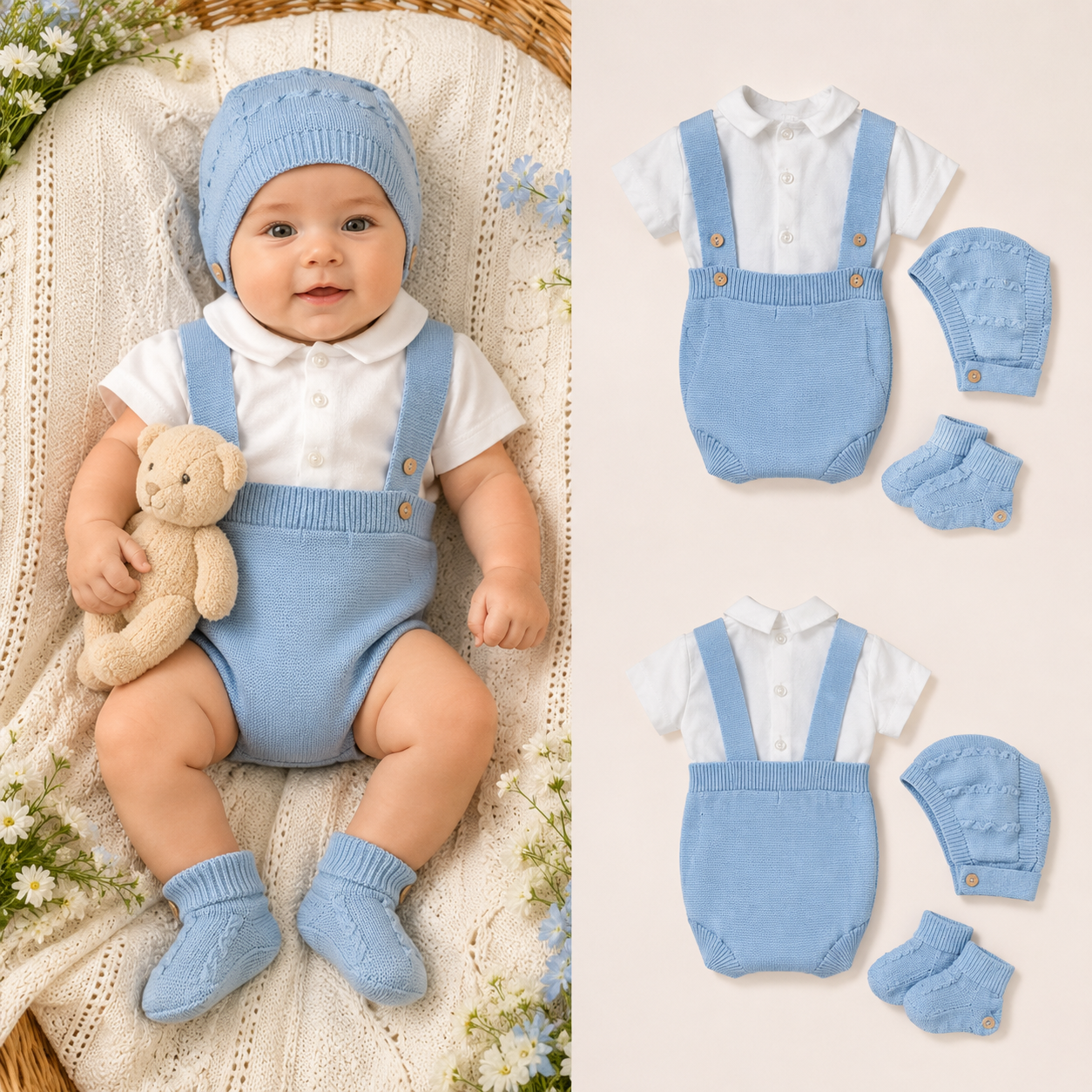 Set 4 pezzi neonato azzurro con pagliaccetto, camicia, cappellino e babbucce