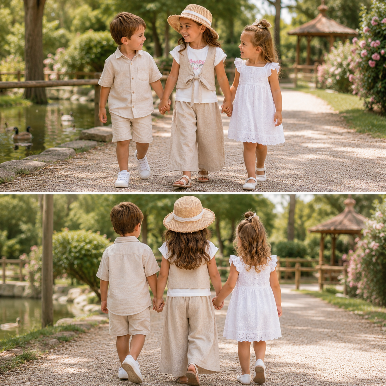 Completo bambina 3 pezzi con pantalone sabbia e bianco