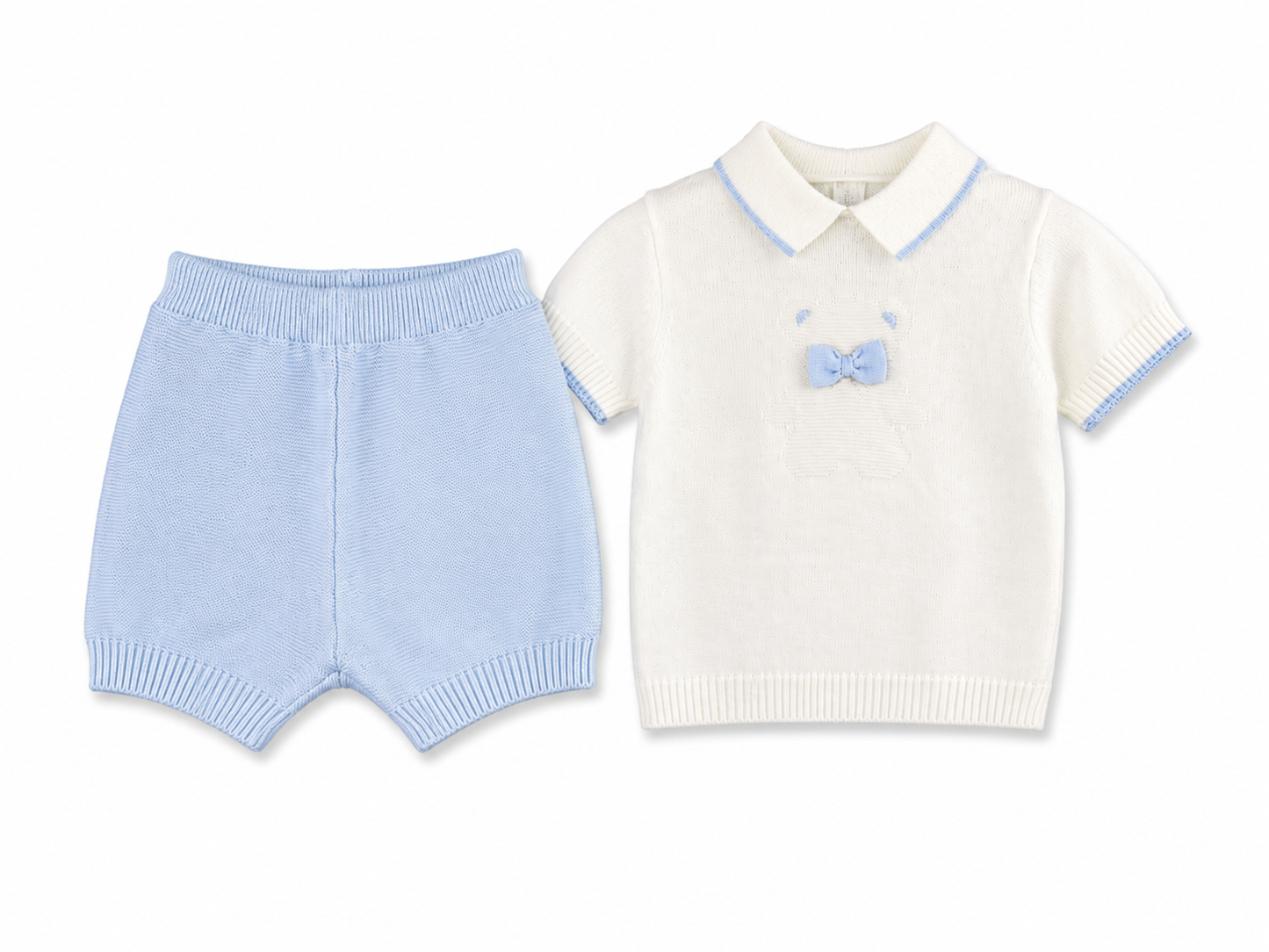 Completo neonato in filo panna e cielo con orsetto