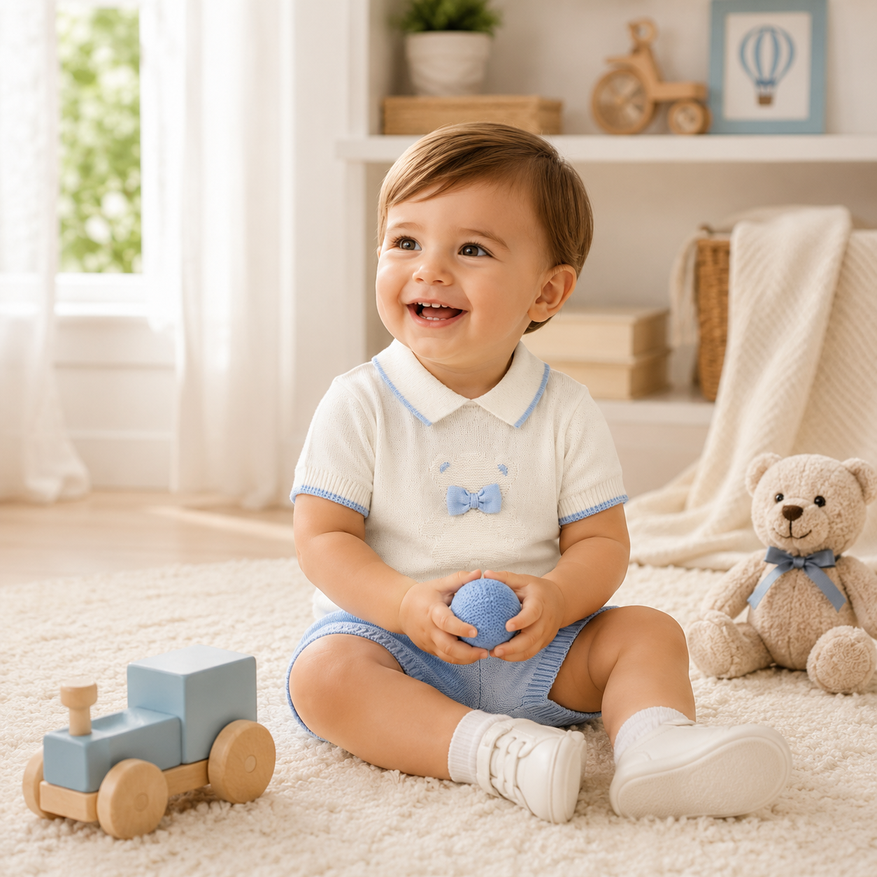 Completo neonato in filo panna e cielo con orsetto