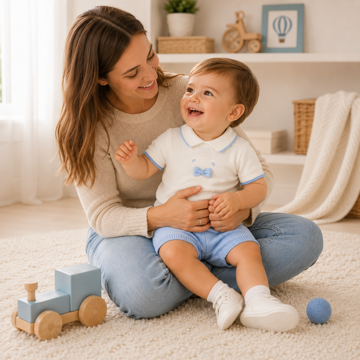 Completo neonato in filo panna e cielo con orsetto