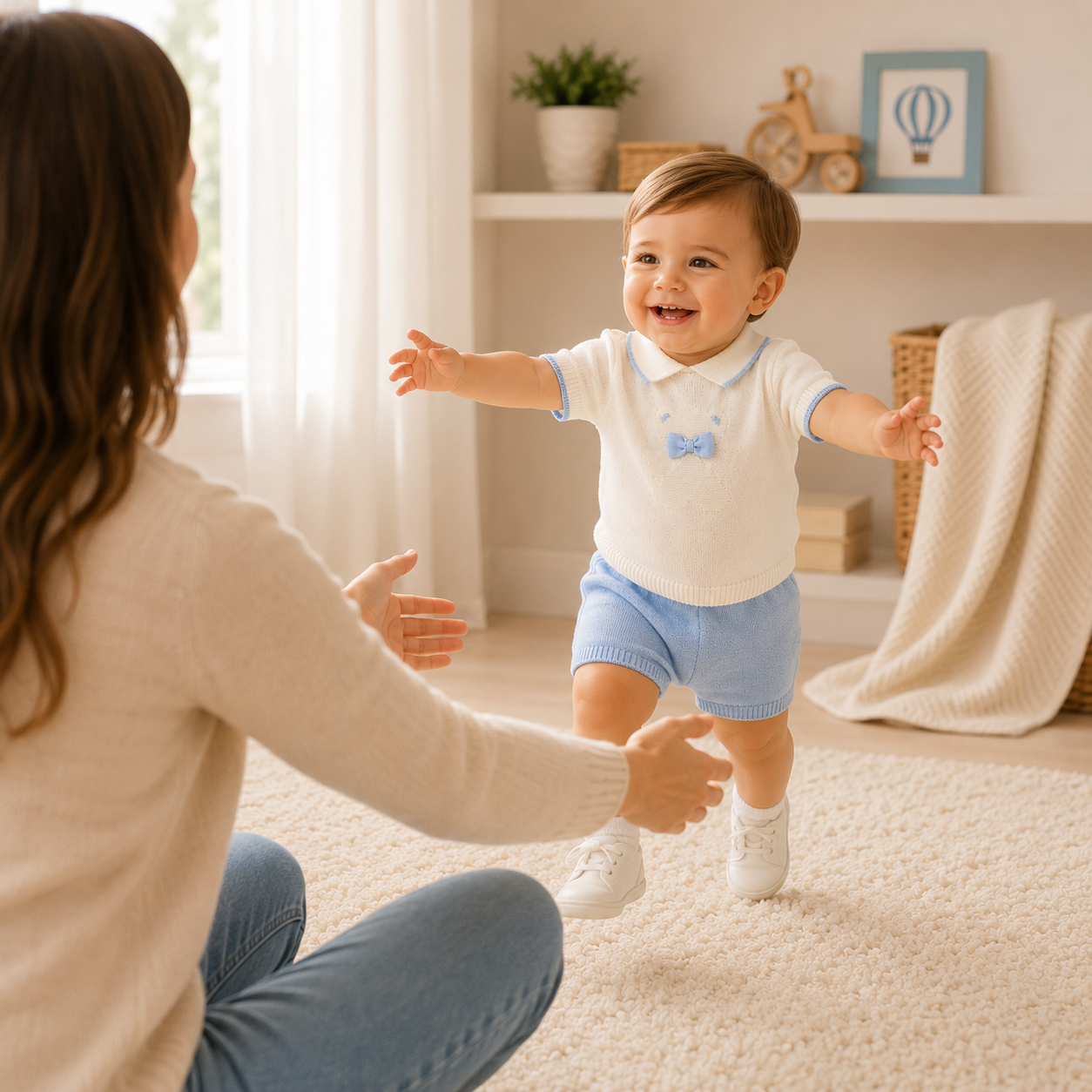 Completo neonato in filo panna e cielo con orsetto