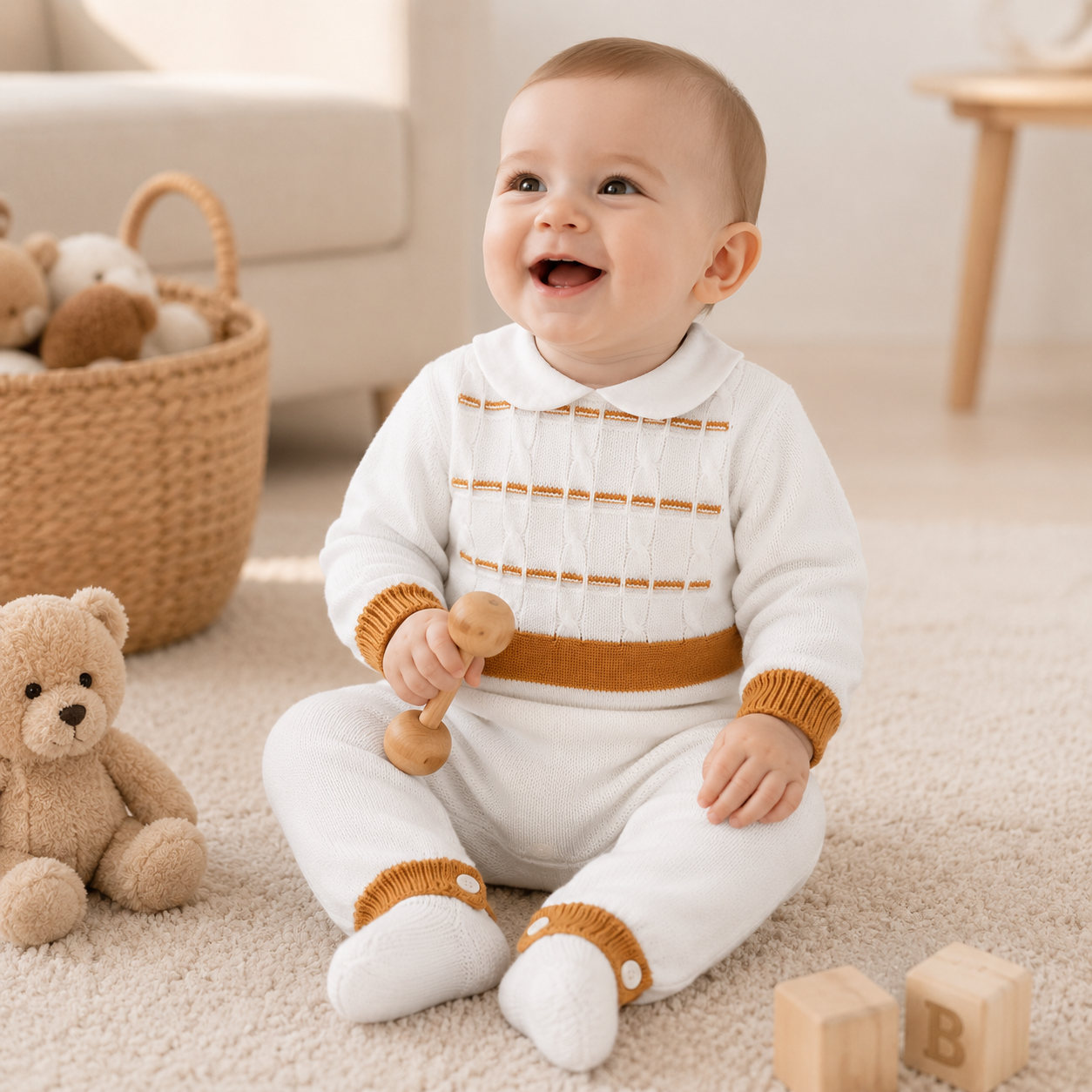 Tutina in filo di cotone panna con fascia cammello