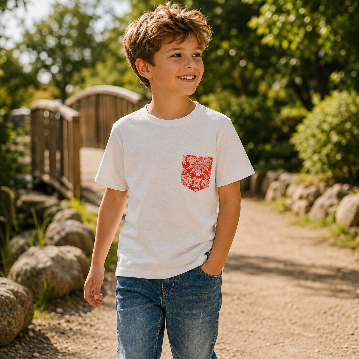 T-shirt bambino bianca con taschino fantasia corallo