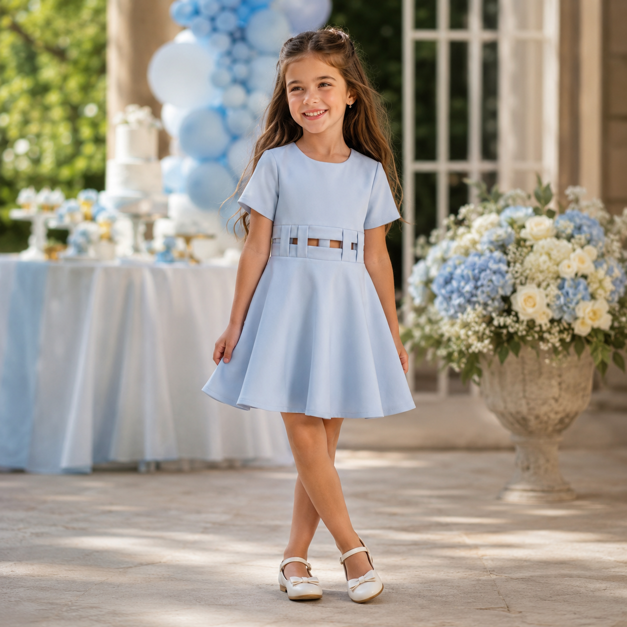 Abito bambina con punto vita intrecciato cielo