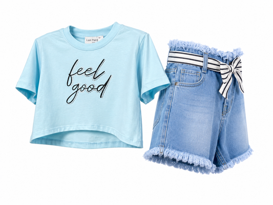 Girl's casual summer outfit jeans and light blue