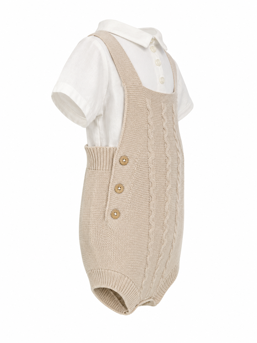 Set 4 pezzi neonato tortora con pagliaccetto, camicia, cappellino e babbucce