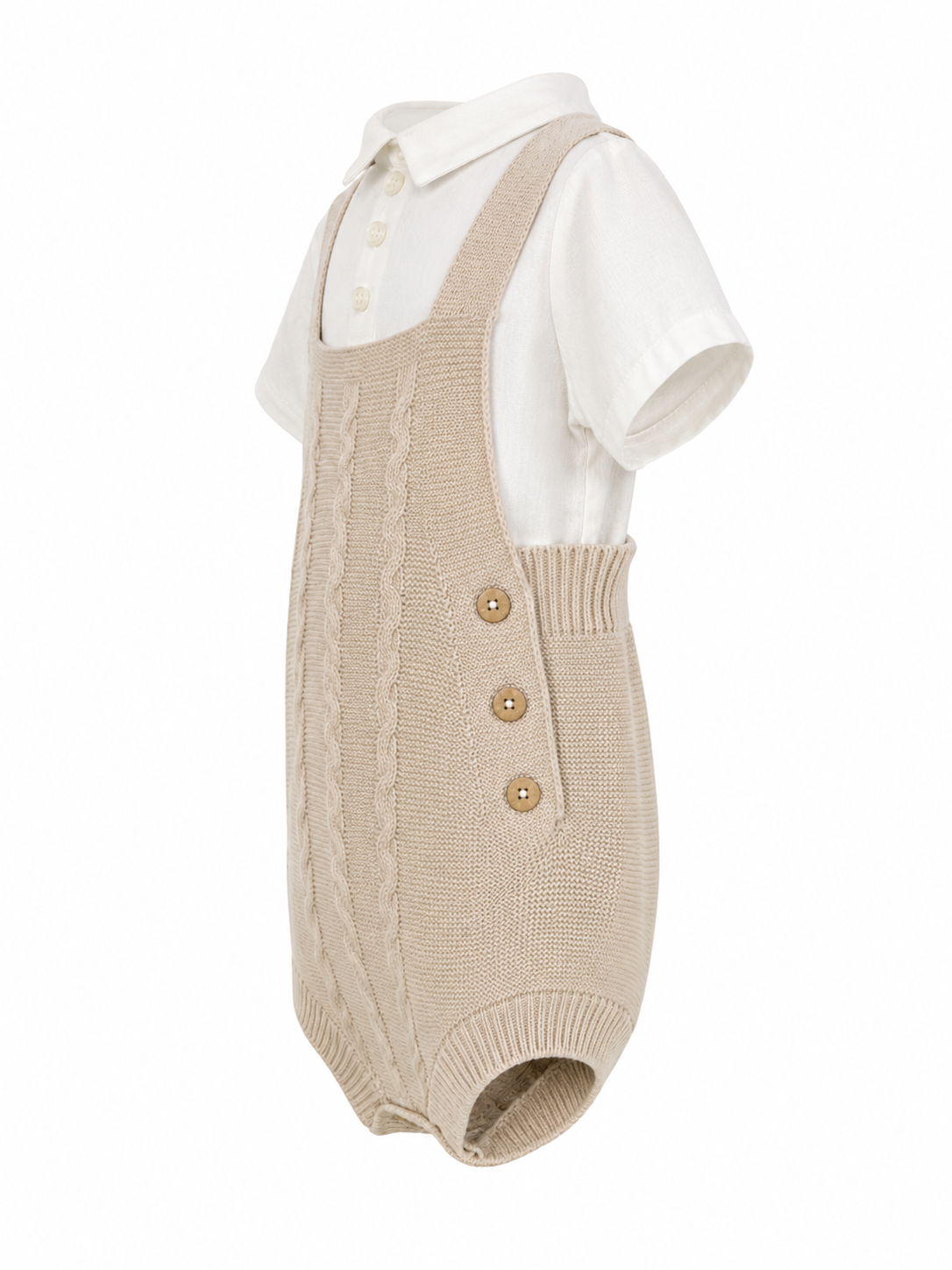 Set 4 pezzi neonato tortora con pagliaccetto, camicia, cappellino e babbucce
