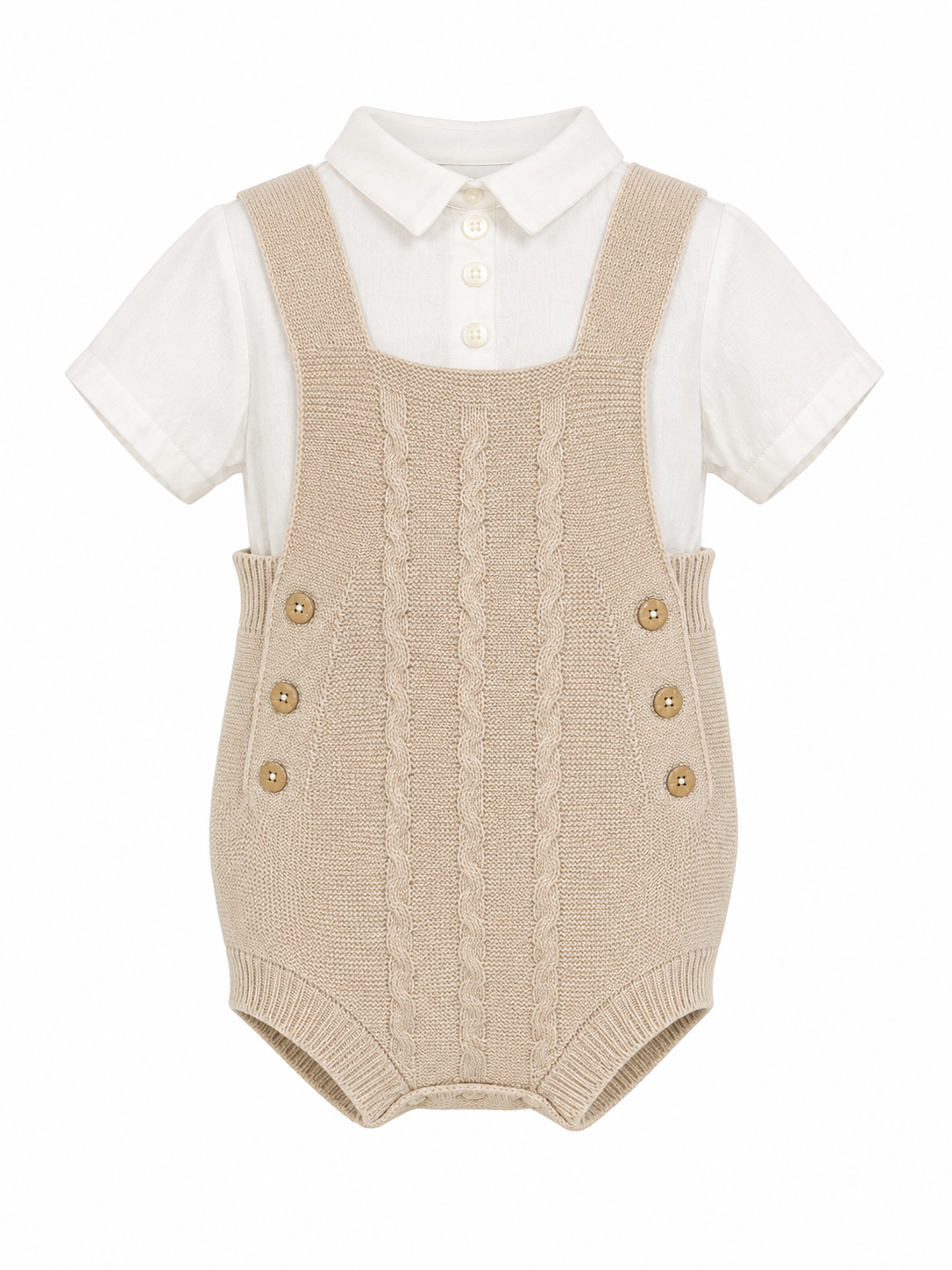 Set 4 pezzi neonato tortora con pagliaccetto, camicia, cappellino e babbucce