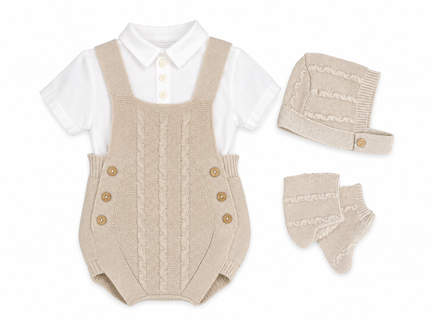 Set 4 pezzi neonato tortora con pagliaccetto, camicia, cappellino e babbucce