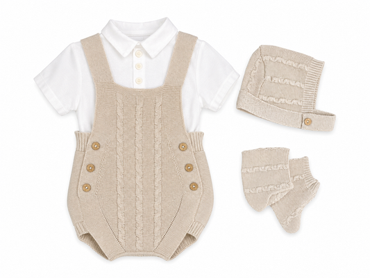 4-piece dove grey newborn set with romper, shirt, hat, and booties