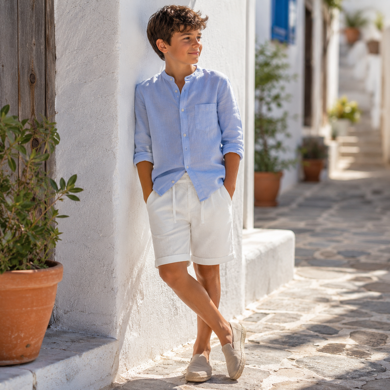 Boy's white linen blend Bermuda shorts