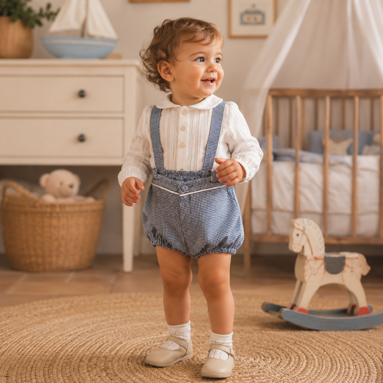 Baby ceremony romper elegance white blue houndstooth