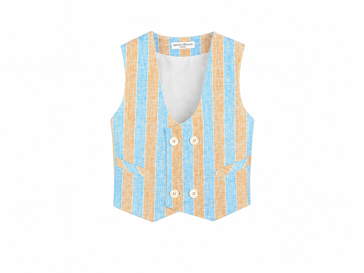 Double-breasted waistcoat in beige and light blue stripes