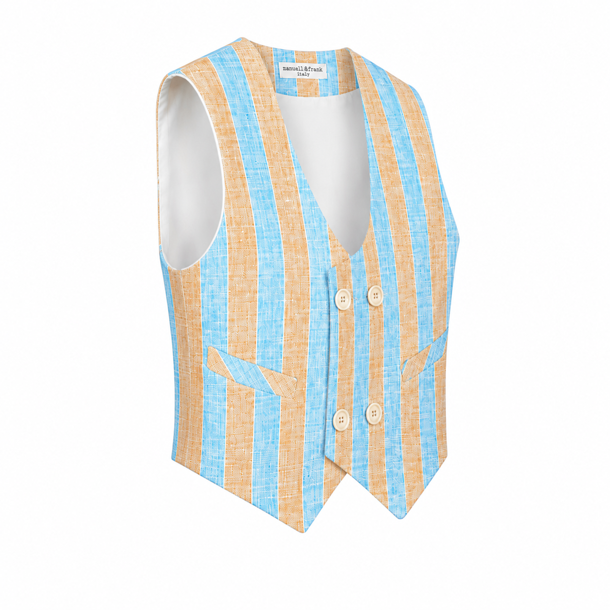 Double-breasted waistcoat in beige and light blue stripes