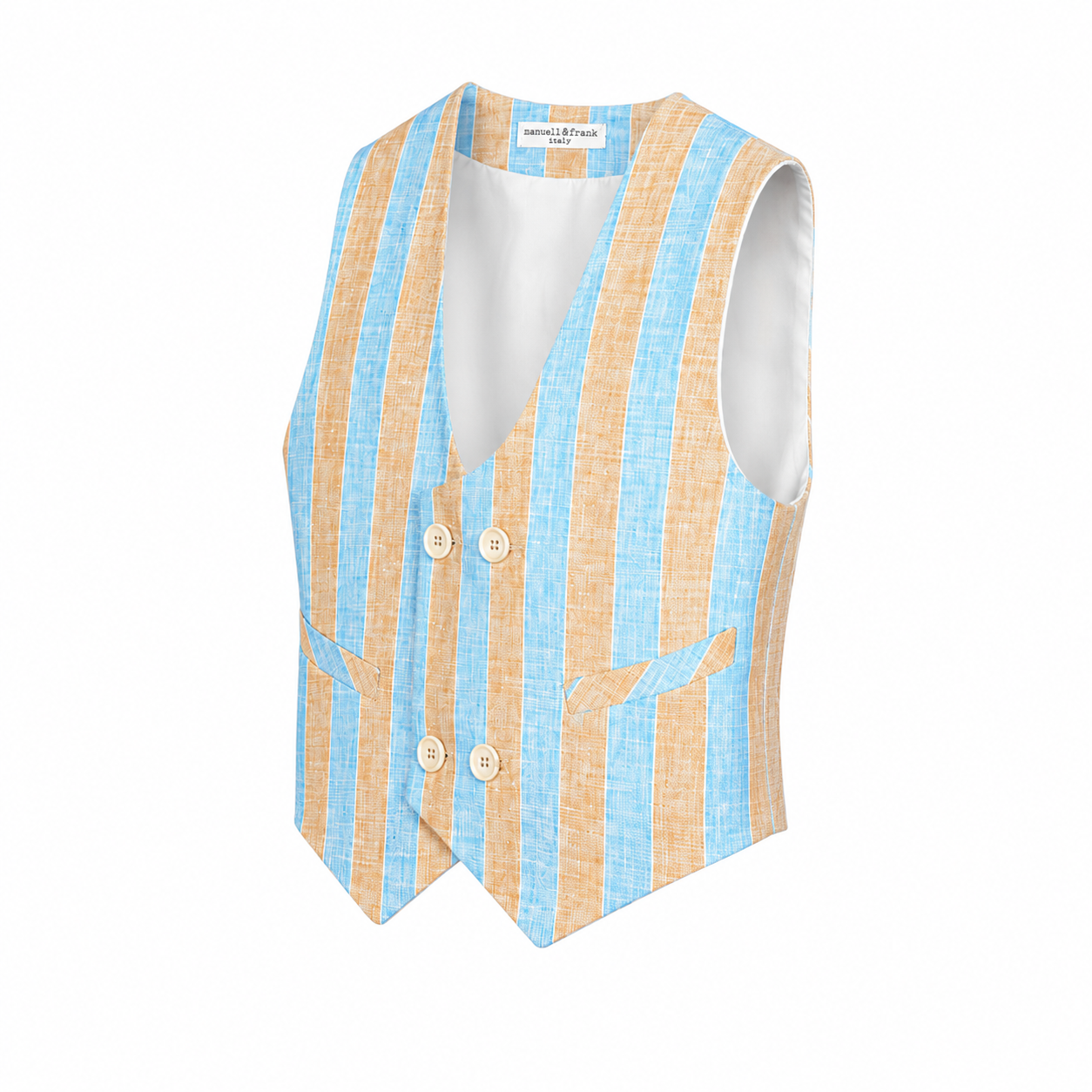 Double-breasted waistcoat in beige and light blue stripes