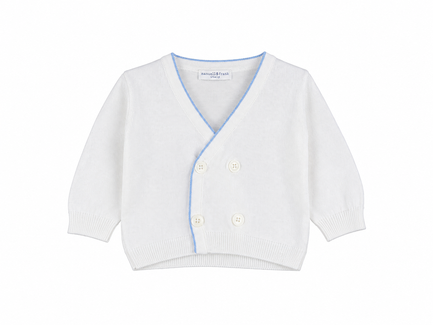 Elegant sky-white double-breasted cardigan