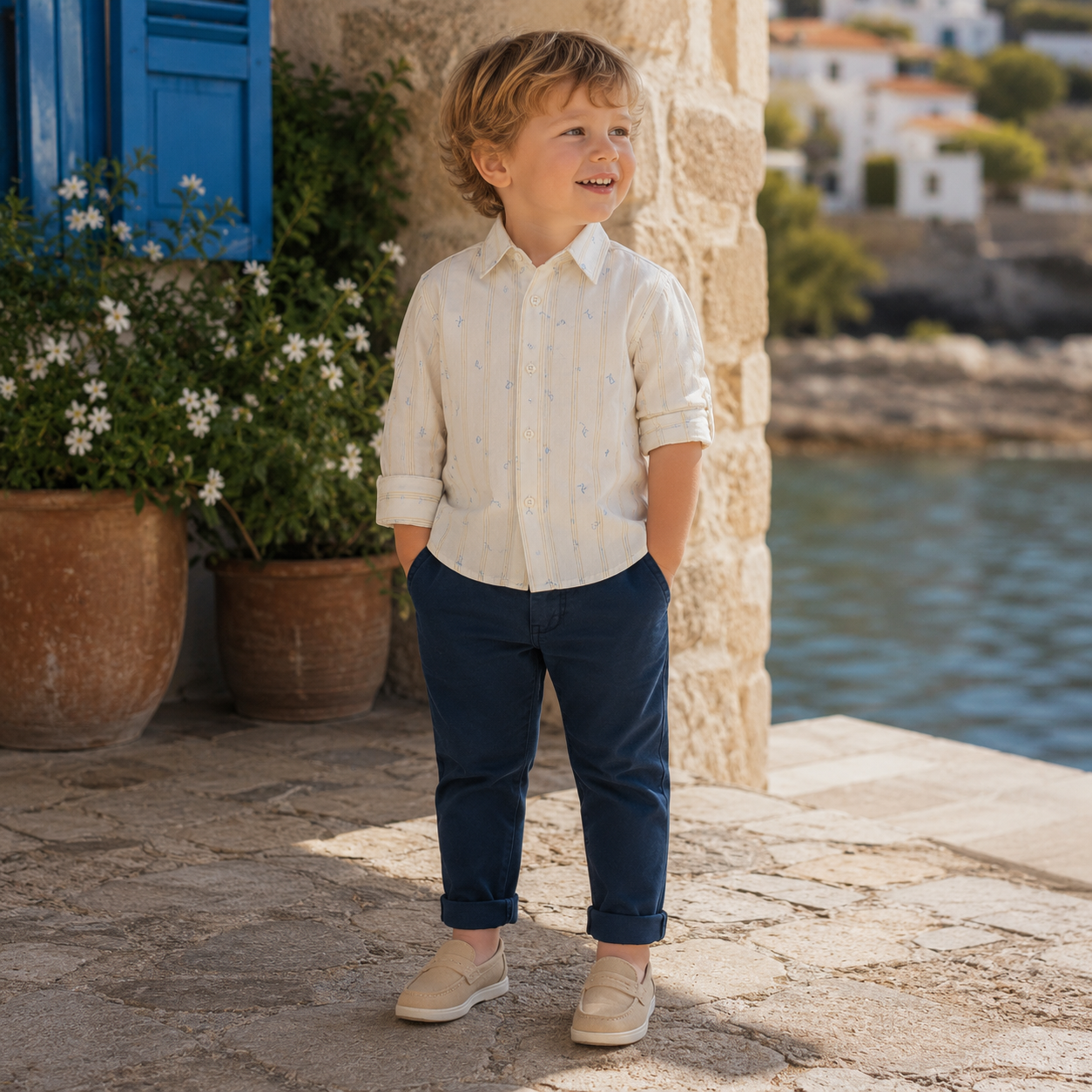 Camicia neonato rigata panna con micro fantasia azzurra