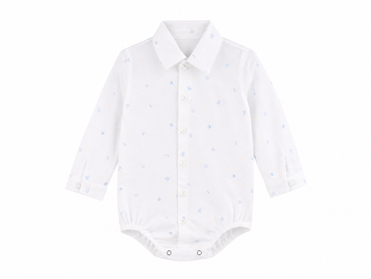 White baby bodysuit shirt with light blue micro-pattern