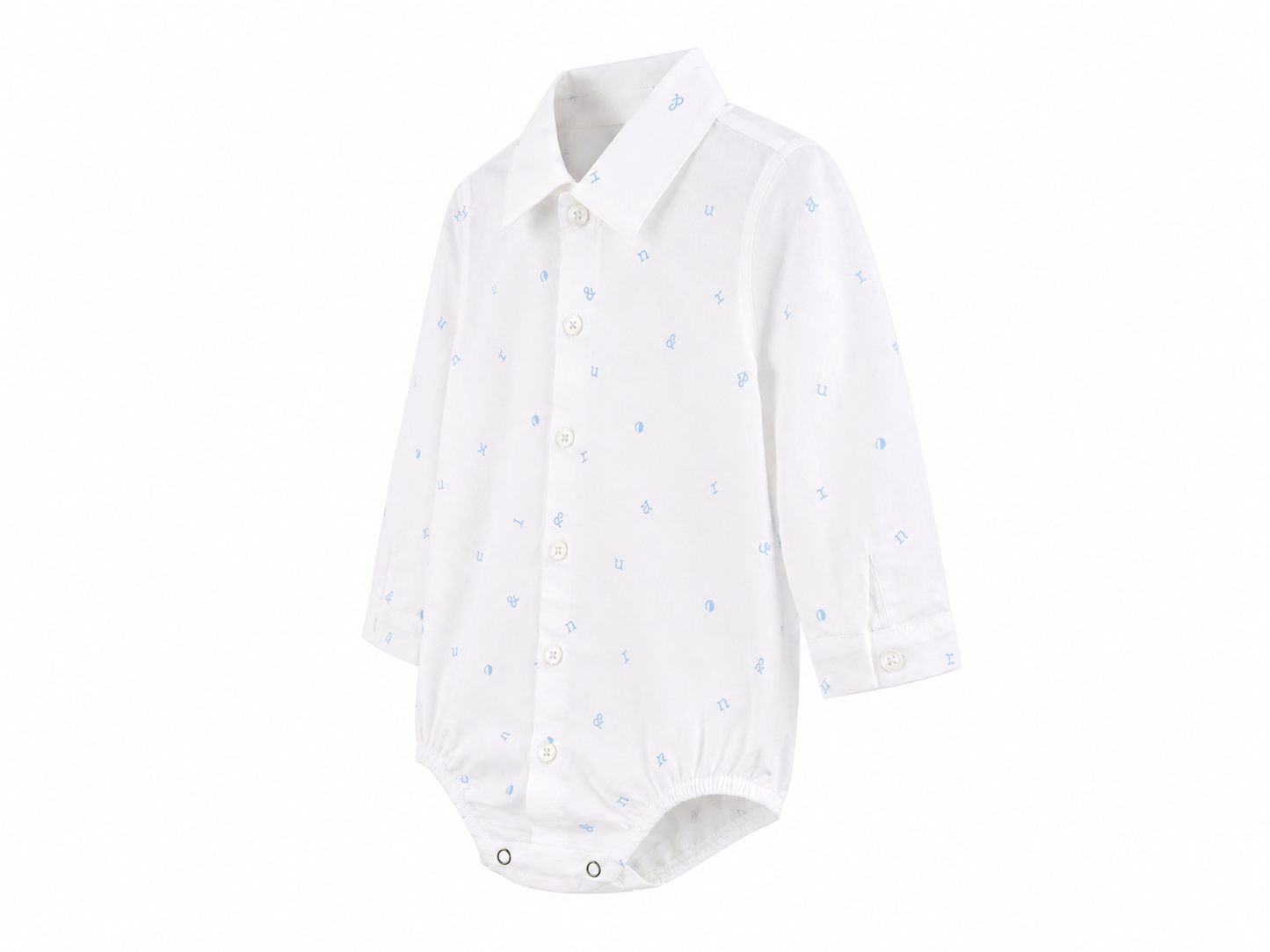 White baby bodysuit shirt with light blue micro-pattern