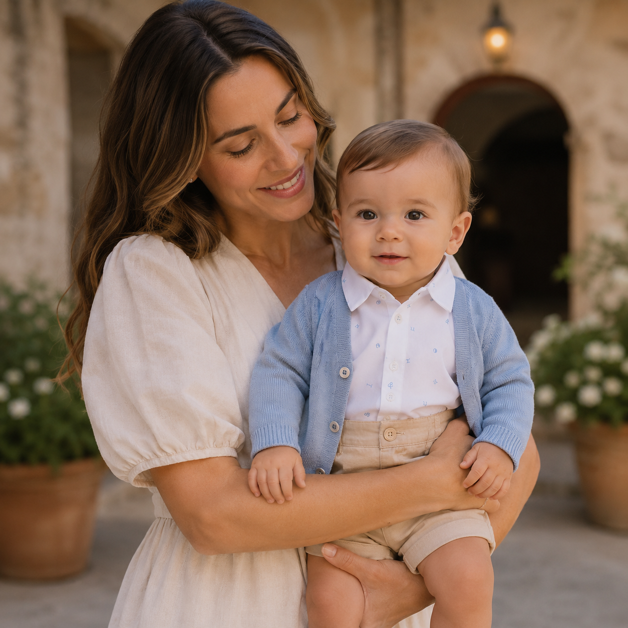 White baby bodysuit shirt with light blue micro-pattern
