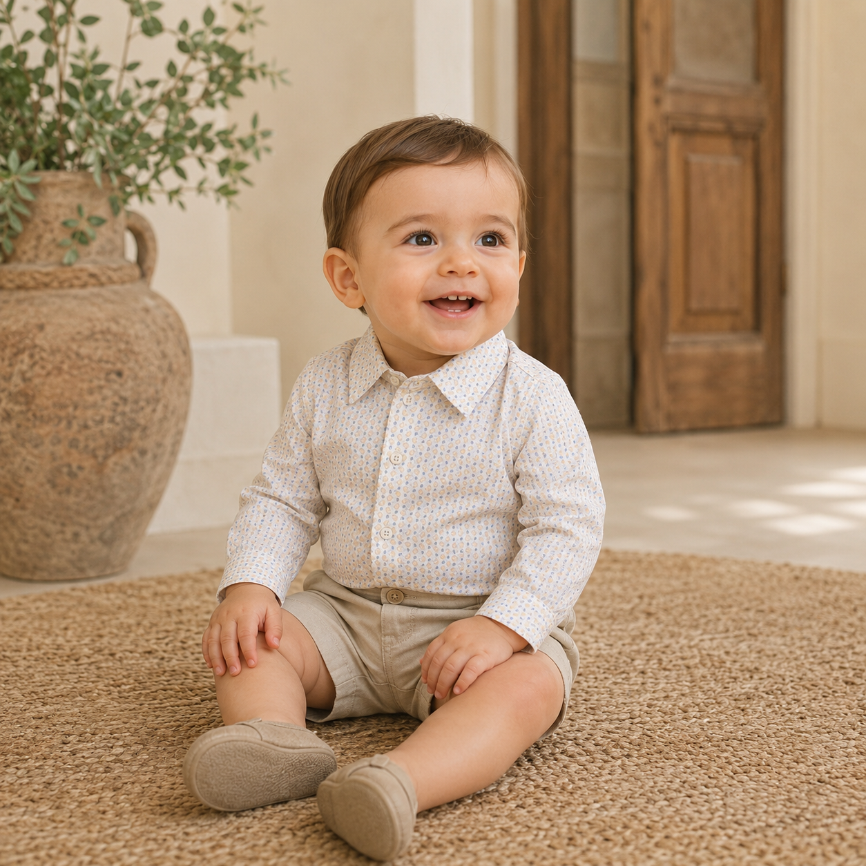Baby bodysuit shirt with beige and light blue micro pattern
