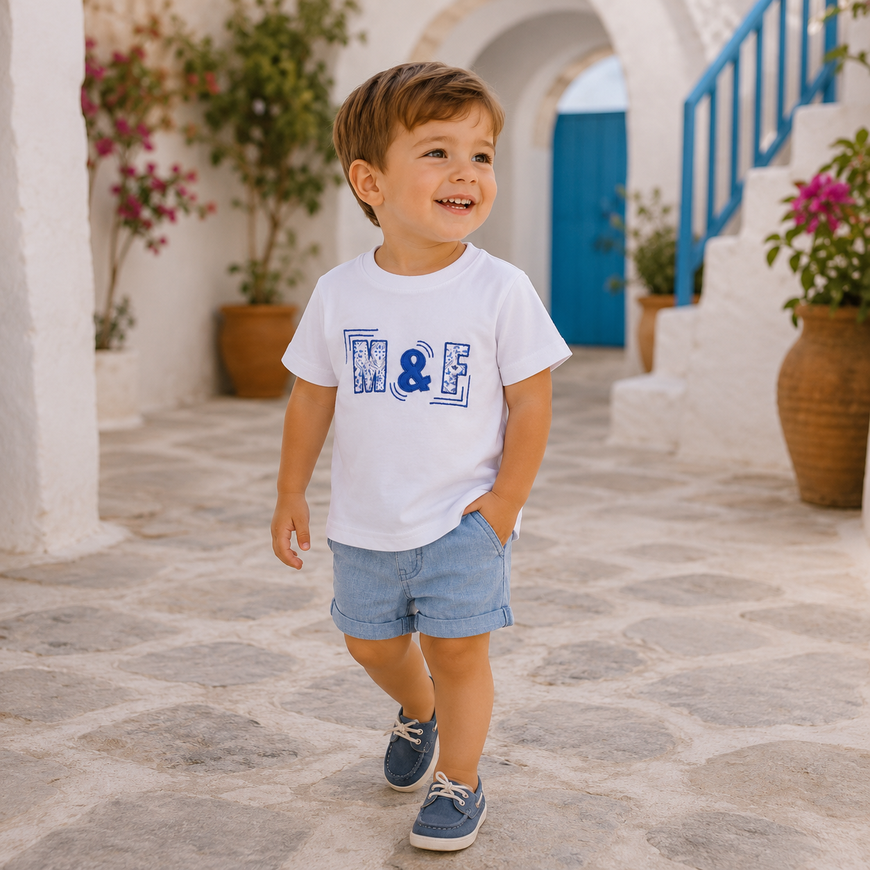 T-shirt basic bianca con ricamo M&F blu