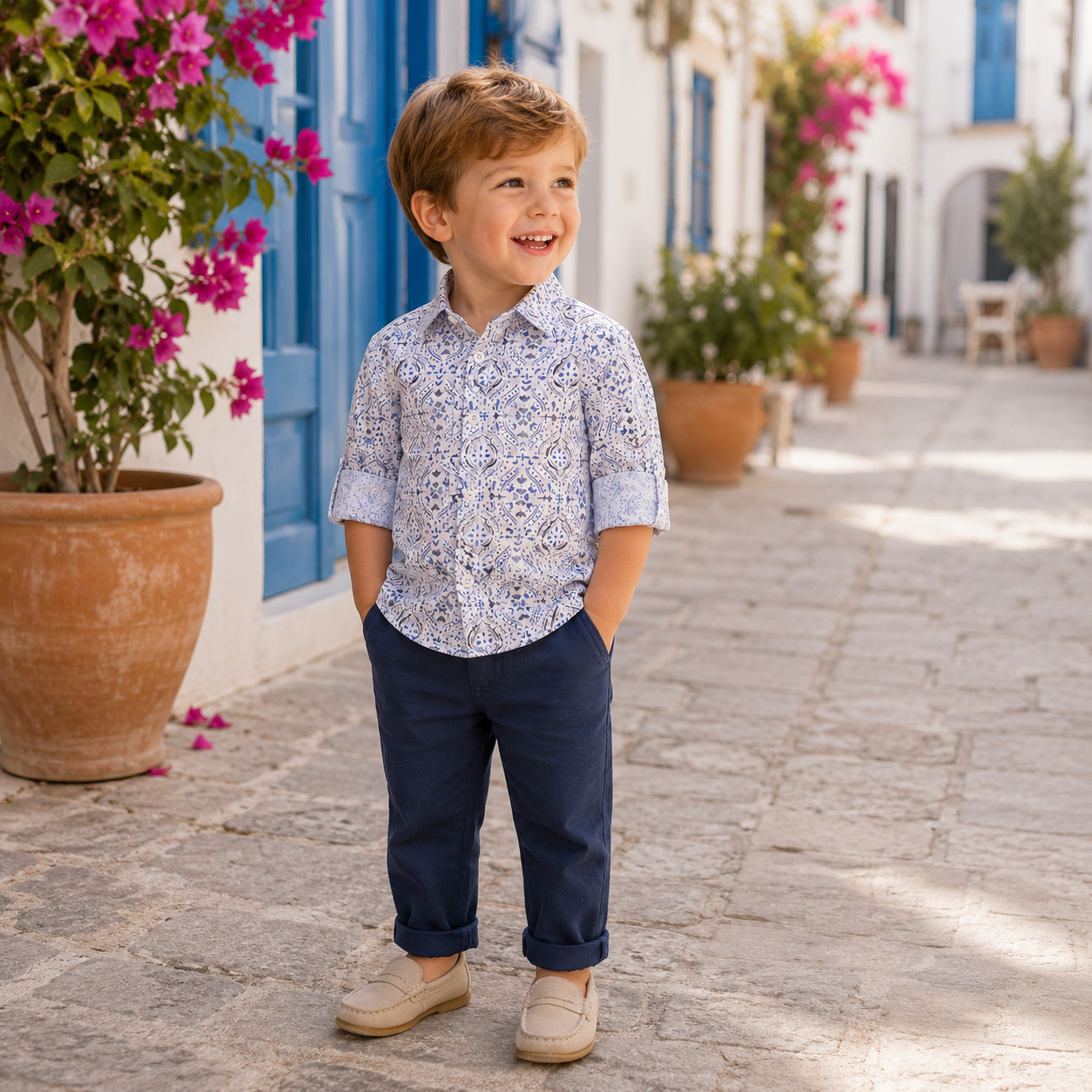 Camicia neonato fantasia azzurra elegante