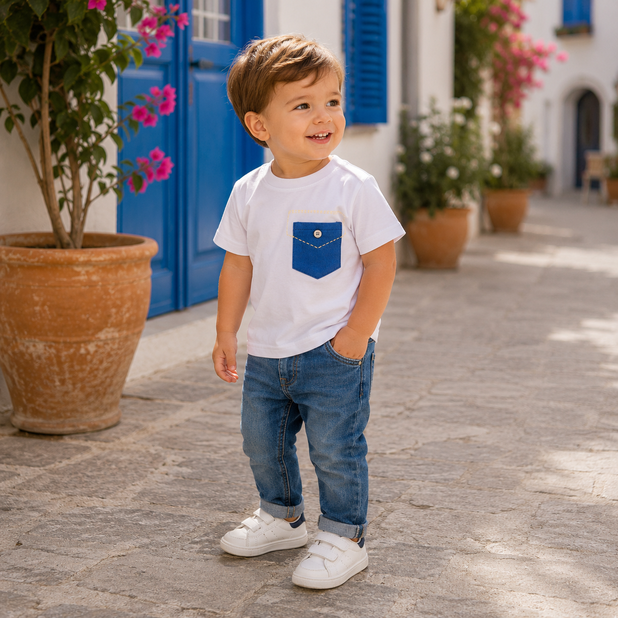 T-shirt bianca basic con taschino blu jeans