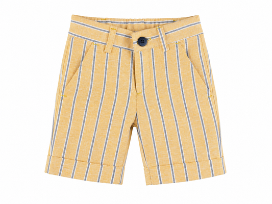 Mustard Bermuda shorts with blue stripes