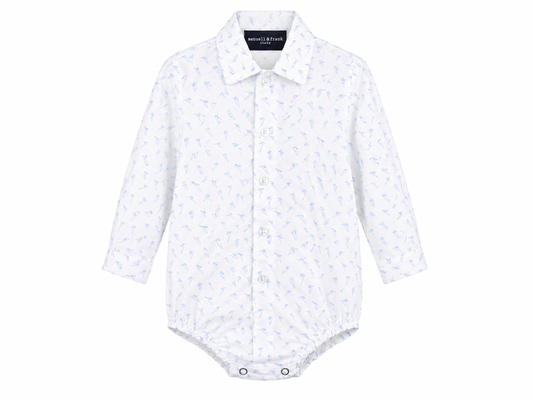 Baby body shirt, white background with light blue micro pattern
