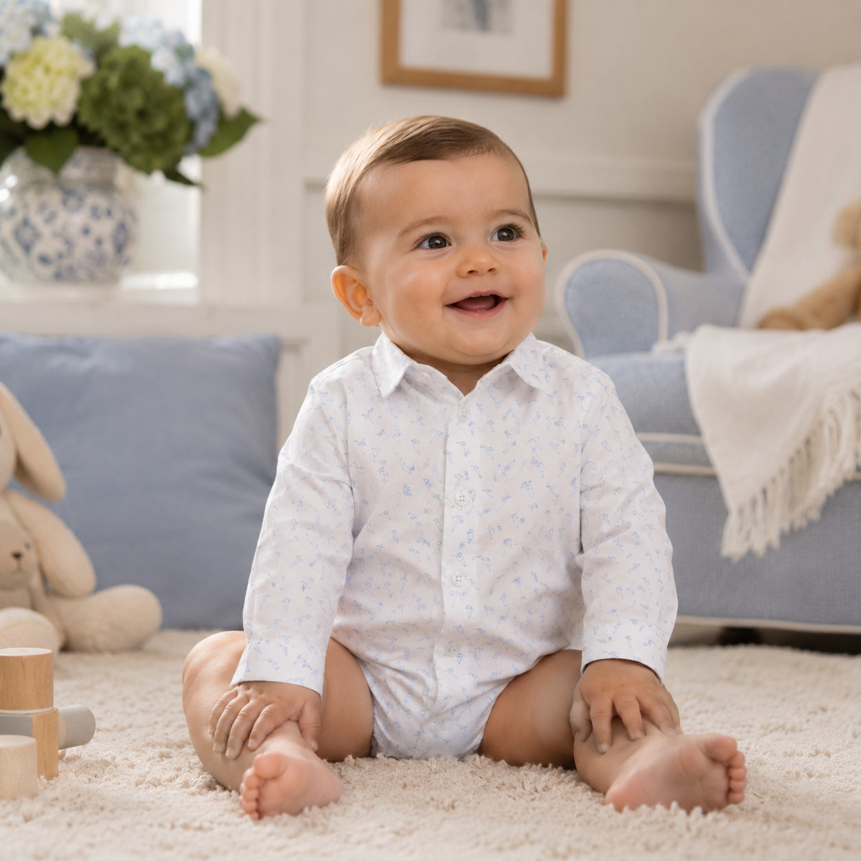 Camicia body neonato fondo bianco con micro fantasia azzurra