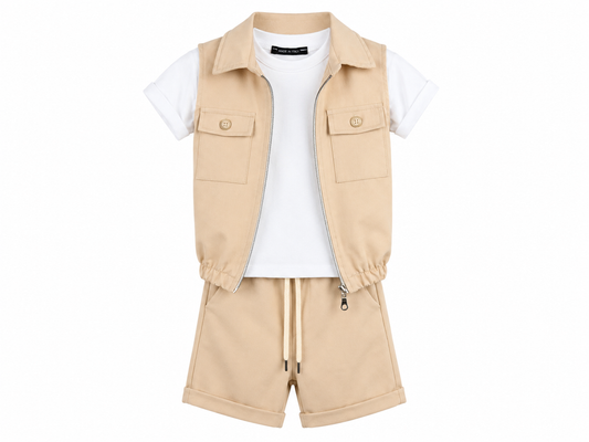 3-piece beige newborn outfit with vest
