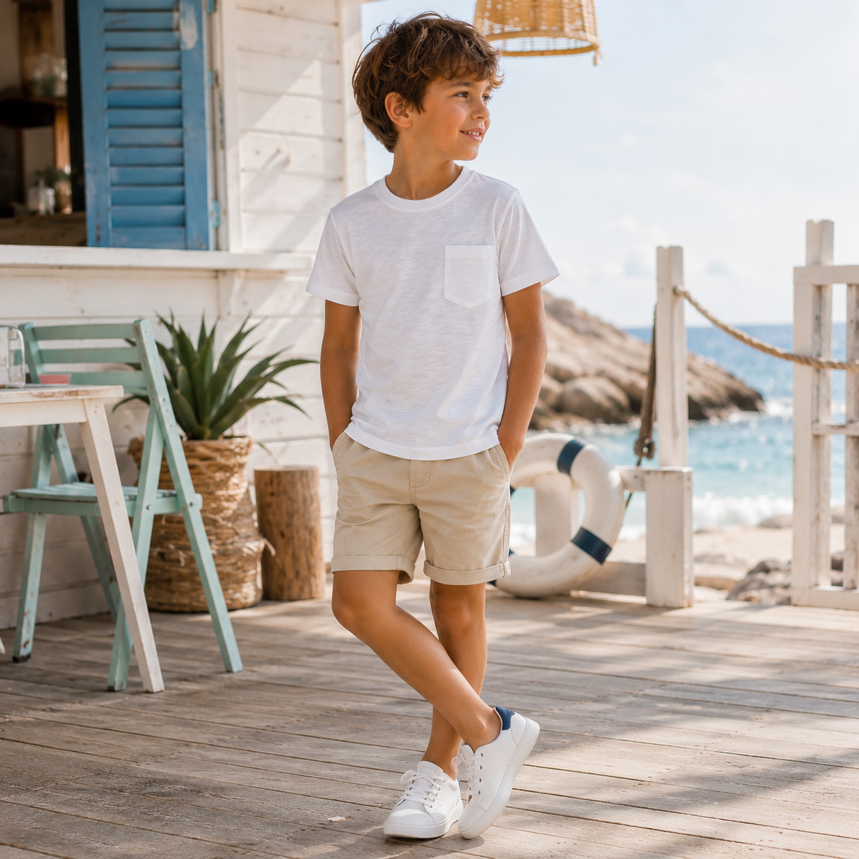 T-shirt bambino basic in cotone bianca con taschino