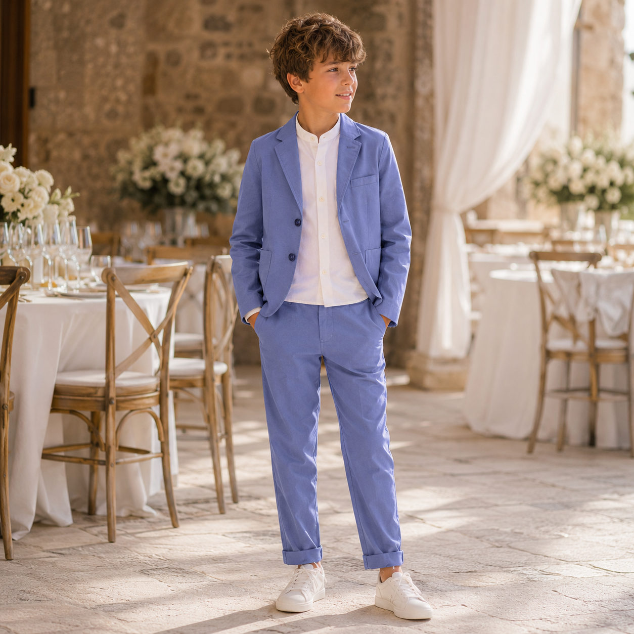 Completo maschile elegante giacca-pantalone in cotone