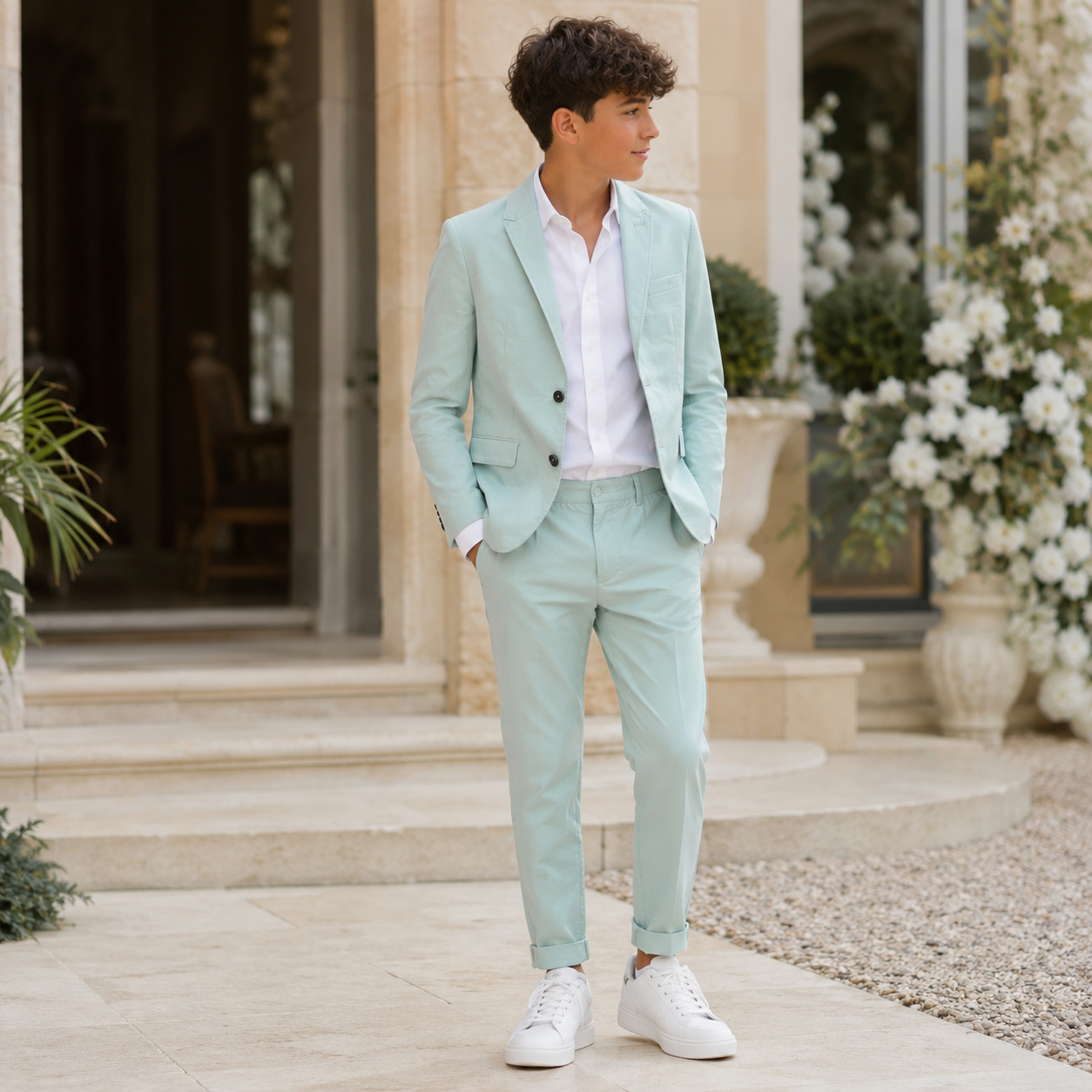 Completo maschile elegante giacca-pantalone in cotone