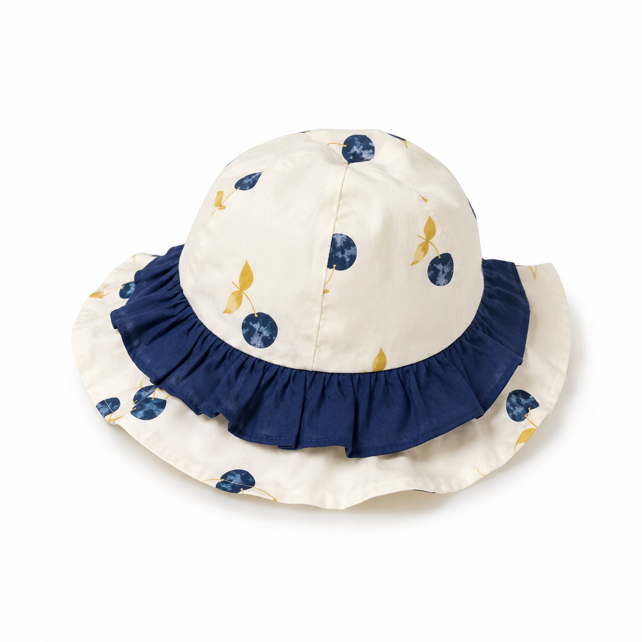 White baby dress with blue cherries and hat