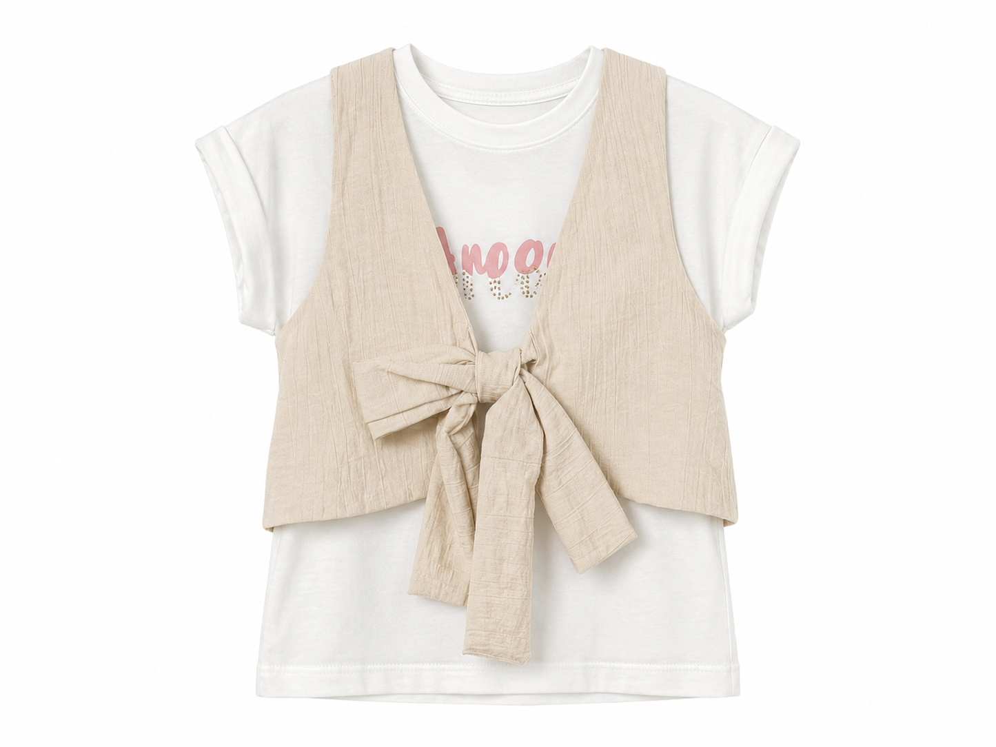 Completo bambina 3 pezzi con pantalone sabbia e bianco