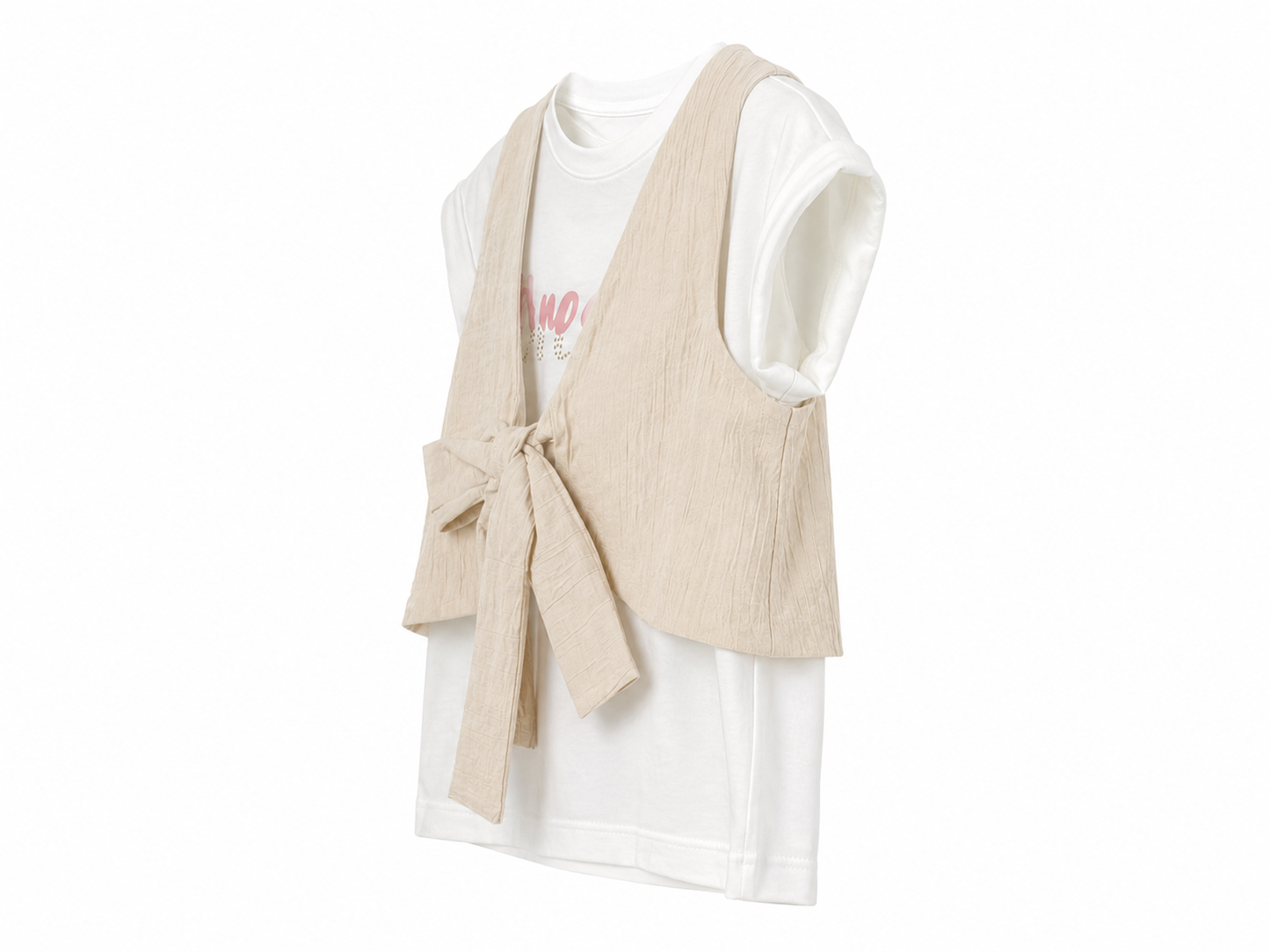 Completo bambina 3 pezzi con pantalone sabbia e bianco