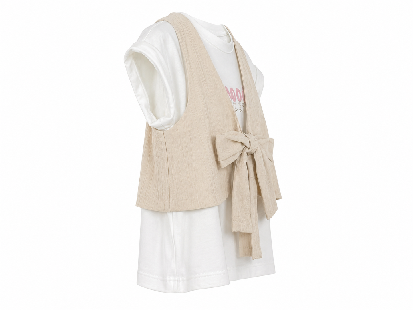 Completo bambina 3 pezzi con pantalone sabbia e bianco