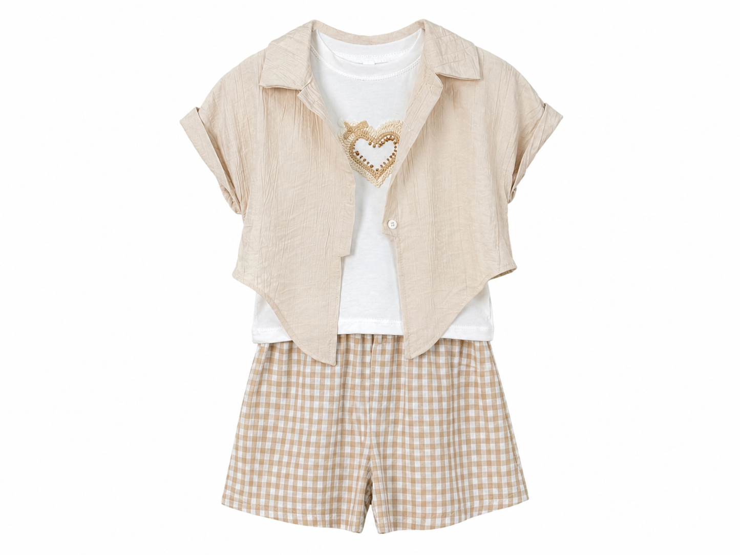 Completo 3 pezzi bambina con shorts sabbia
