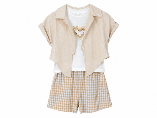 Completo 3 pezzi bambina con shorts sabbia