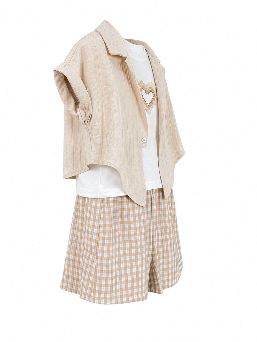 Completo 3 pezzi bambina con shorts sabbia